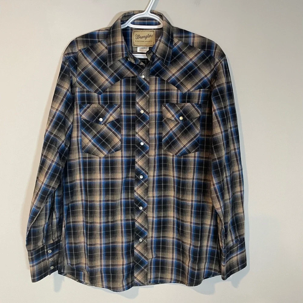 Wrangler‎ Mens Western Pearl Snap Plaid Shirt Blue Tan Black WM219BK Medium